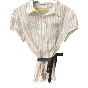 90s Envision Studio Short Sleeve Striped Tie Waist Button Down Blouse Size Large